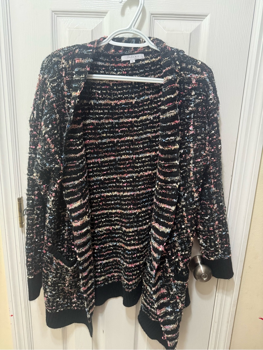 FAVLUX Black Open-Front Cardigan with Multicolor Flecks